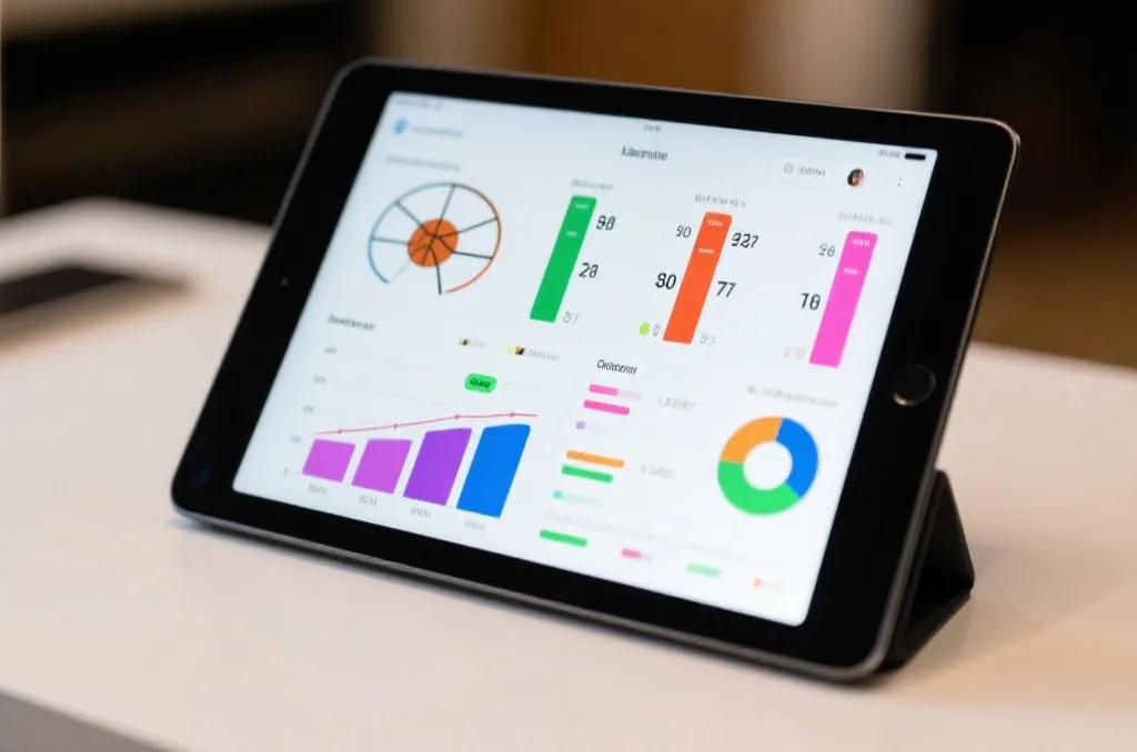 A close-up of a tablet screen displaying colorful basketball match statistics and graphs on a clean desk