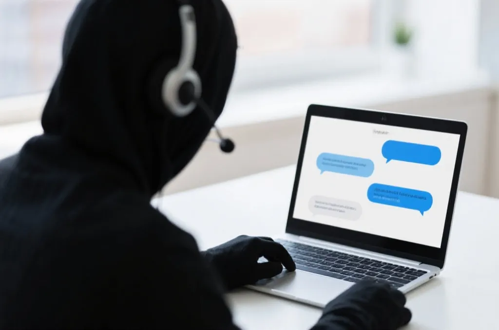 An anonymous professional support agent wearing a headset, working on a clean laptop setup with chat bubbles on screen